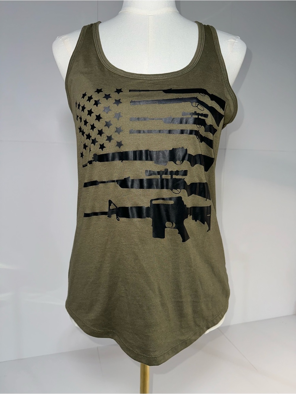 NWOT | Olive Green Women’s Tank Top with American Flag Graphic